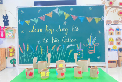 Hoạt động tạo ống đựng bút từ bìa carton – Lớp 5C, Trường Mầm non Ninh Phong